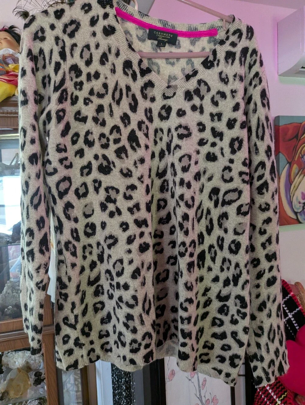 Charter Club Cream and Black Leopard V-Neck Sweater